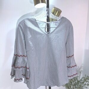 Kontrol blouse ruffle sleeve pull over sm pinstripe embroidered accents layering